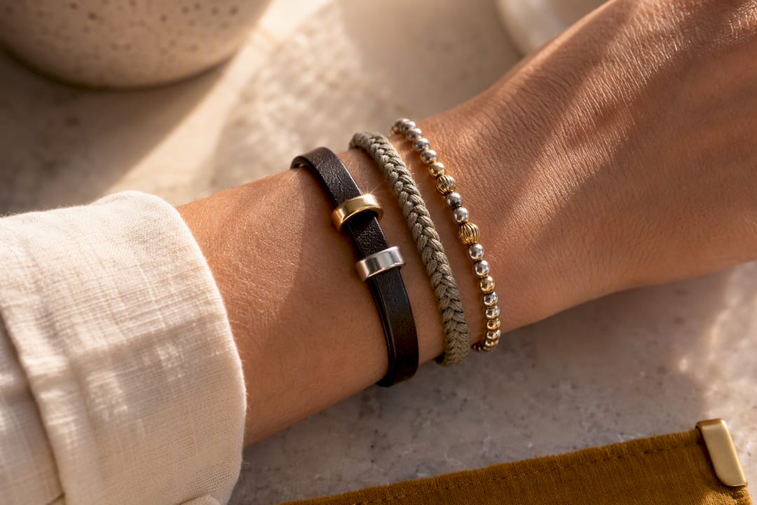 Leather cuff bridging gold and silver tones