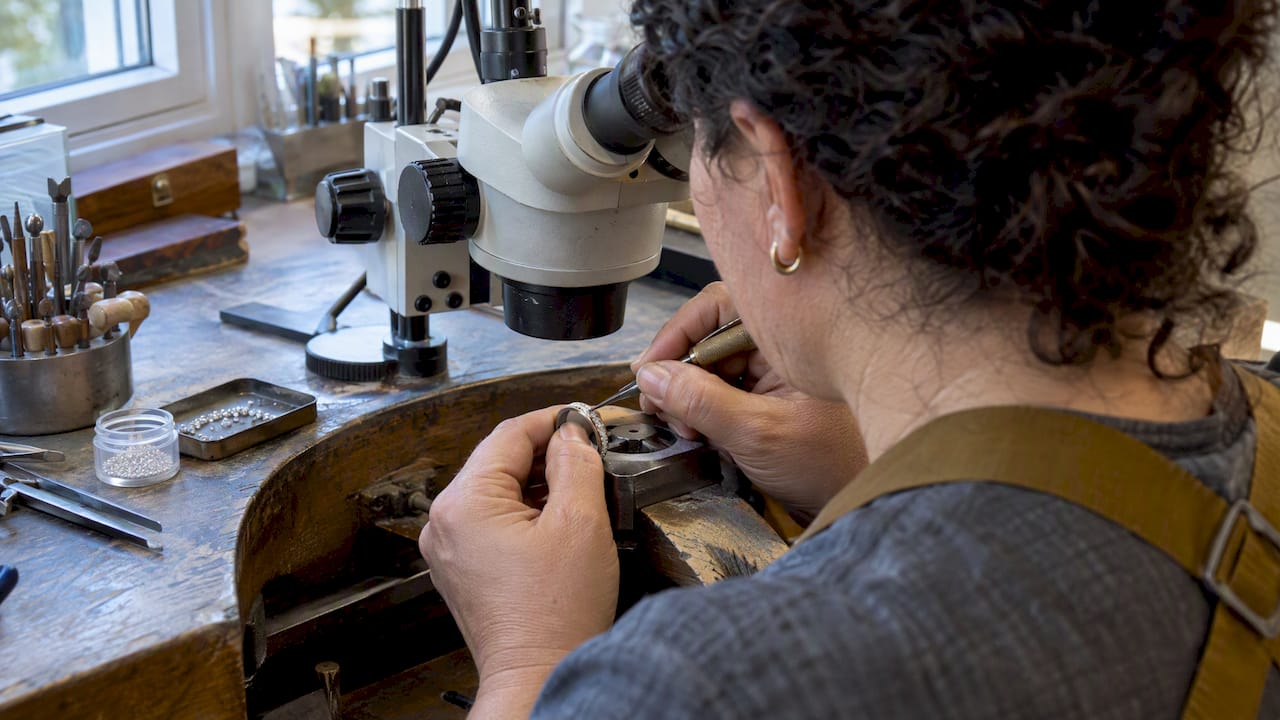 Jeweler placing diamond for bead setting