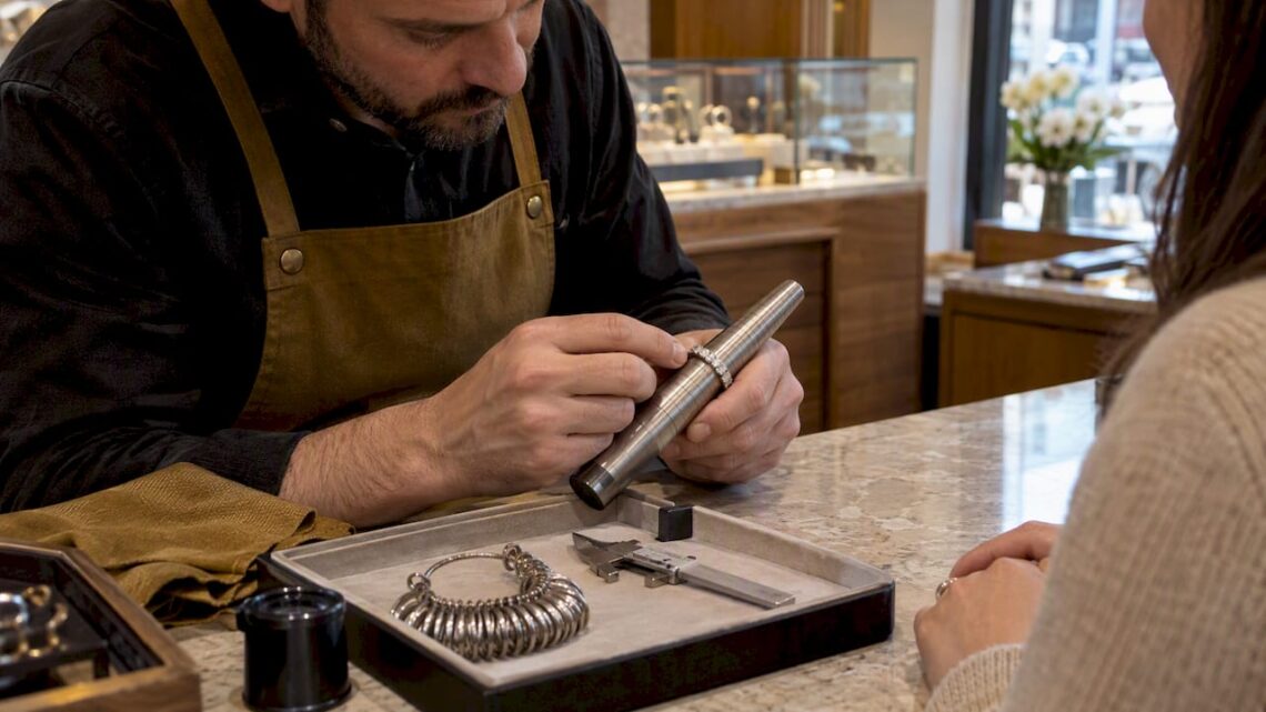 Bar-set diamond ring beside sizing tools