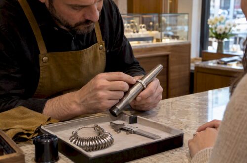 Bar-set diamond ring beside sizing tools