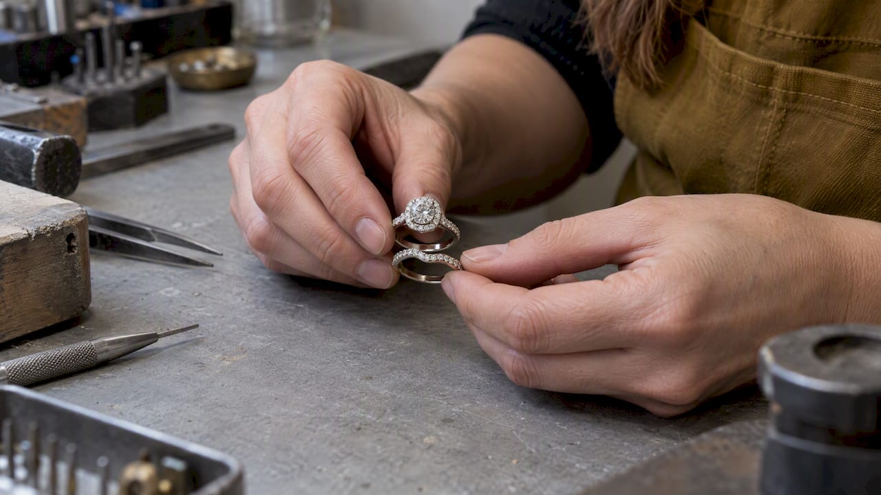 Engagement ring paired with contoured band