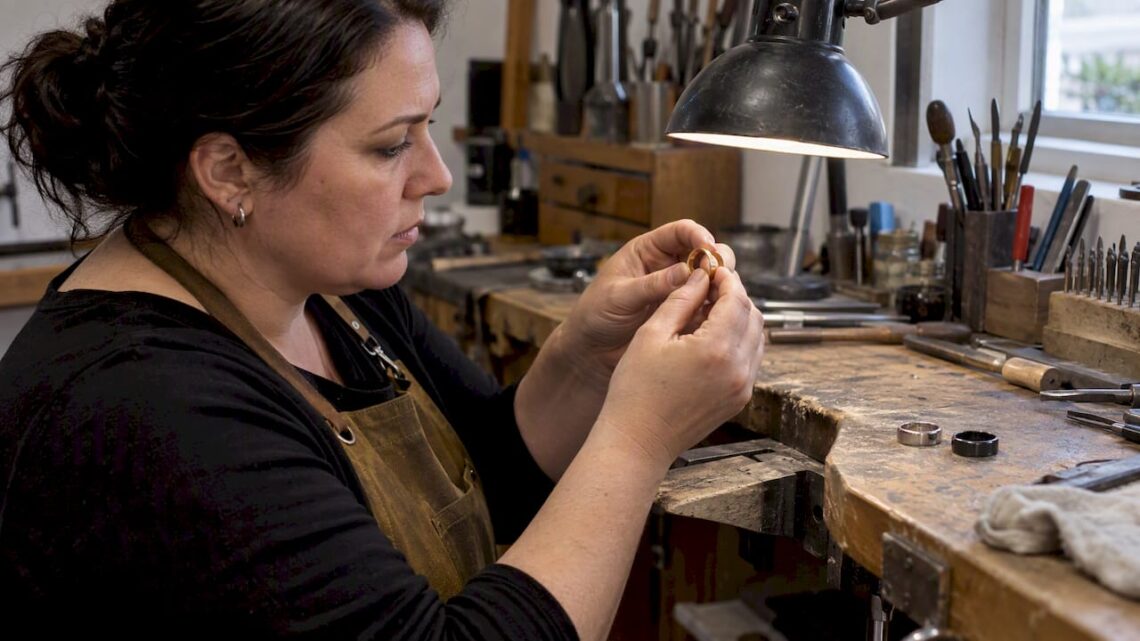 Jeweler comparing gold platinum and tungsten rings