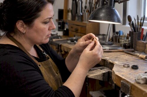Jeweler comparing gold platinum and tungsten rings