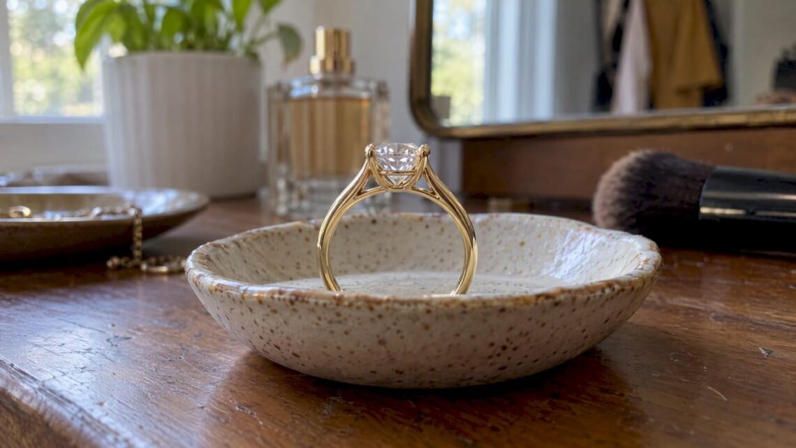 Gold hybrid ring with arches and gallery wire