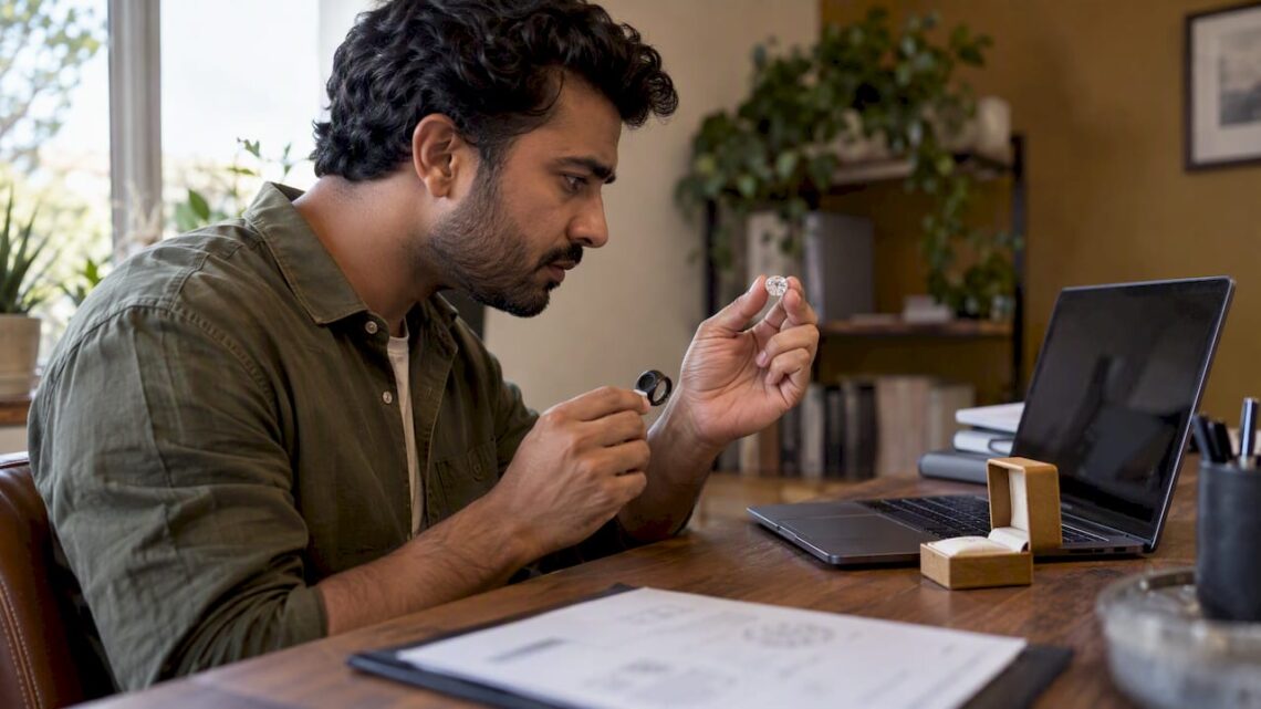 Buyer checks a diamond listing at home