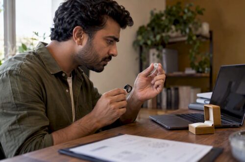 Buyer checks a diamond listing at home