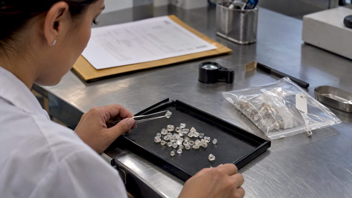 Rough diamonds beside a Kimberley Process certificate