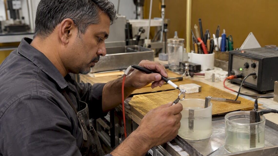 Jeweler applying rhodium plating to a ring
