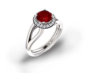 Bowed Split Shank Halo Ruby and Diamond Ring