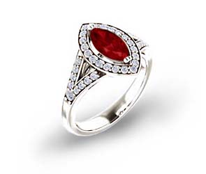 Marquise Split Shank Ruby and Diamond Halo Ring