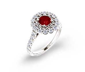 Floral Filigree Halo Ruby and Diamond Ring