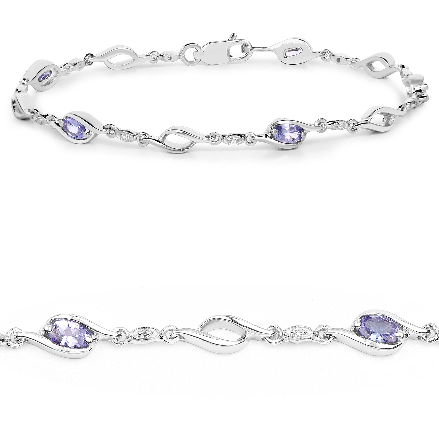 1.30 Carat Genuine Tanzanite and White Topaz .925 Sterling Silver Bracelet 1.30 C.T.W Sterling Silver - view 2