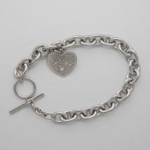 Sterling Silver Cable 8.5mm, Heart Charm, Toggle Clasp