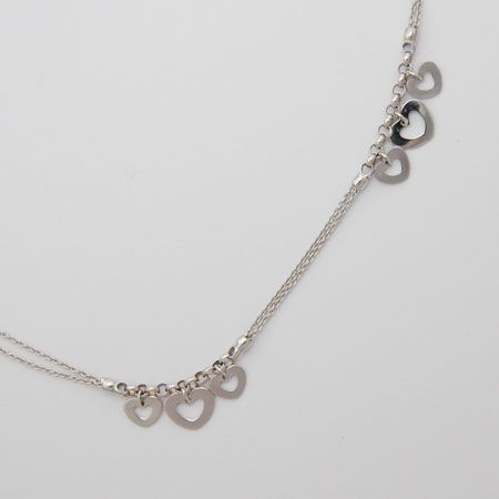 7-Inch 14K White Gold Double Rolo Bracelet w/ Hanging Hearts