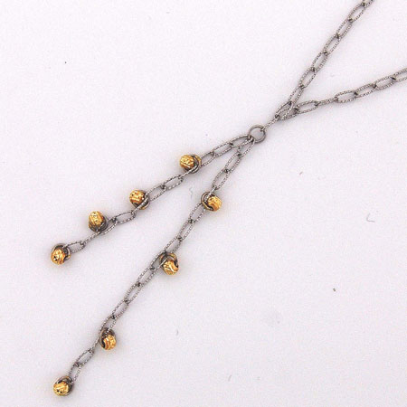 17-Inch 14K White Gold Open Link w/ Yellow Gold Disco Balls ' Y ' Chain