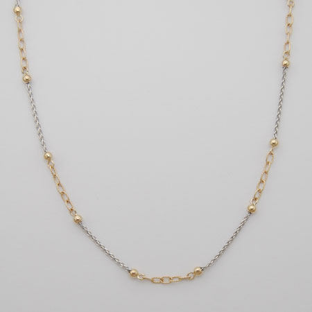 16-Inch 14K Yellow Gold Textured Cable / White Gold Wheat w/ Ball Connector Necklace