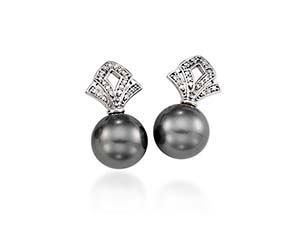 Genuine Tahitian Pearl & Diamond Bishop Drop  Earrings