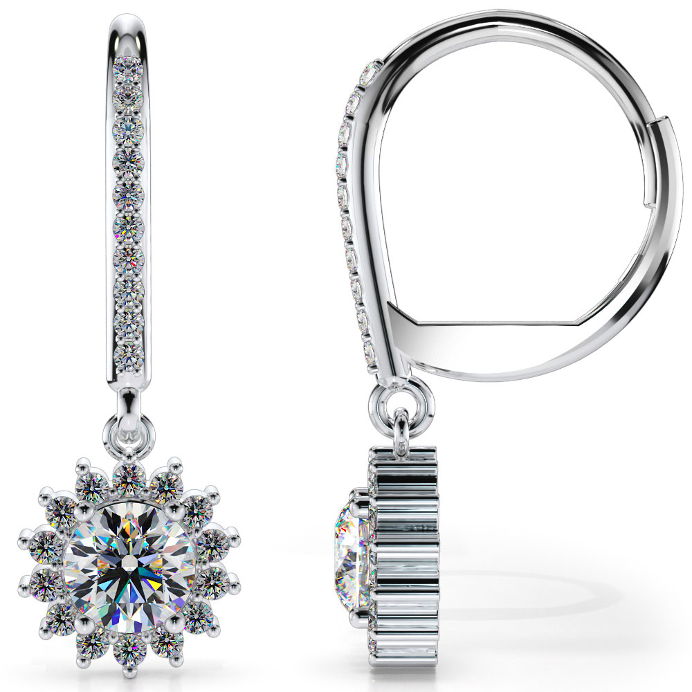 Diamond Flower Drop Earrings with Lever and Dimond Accents