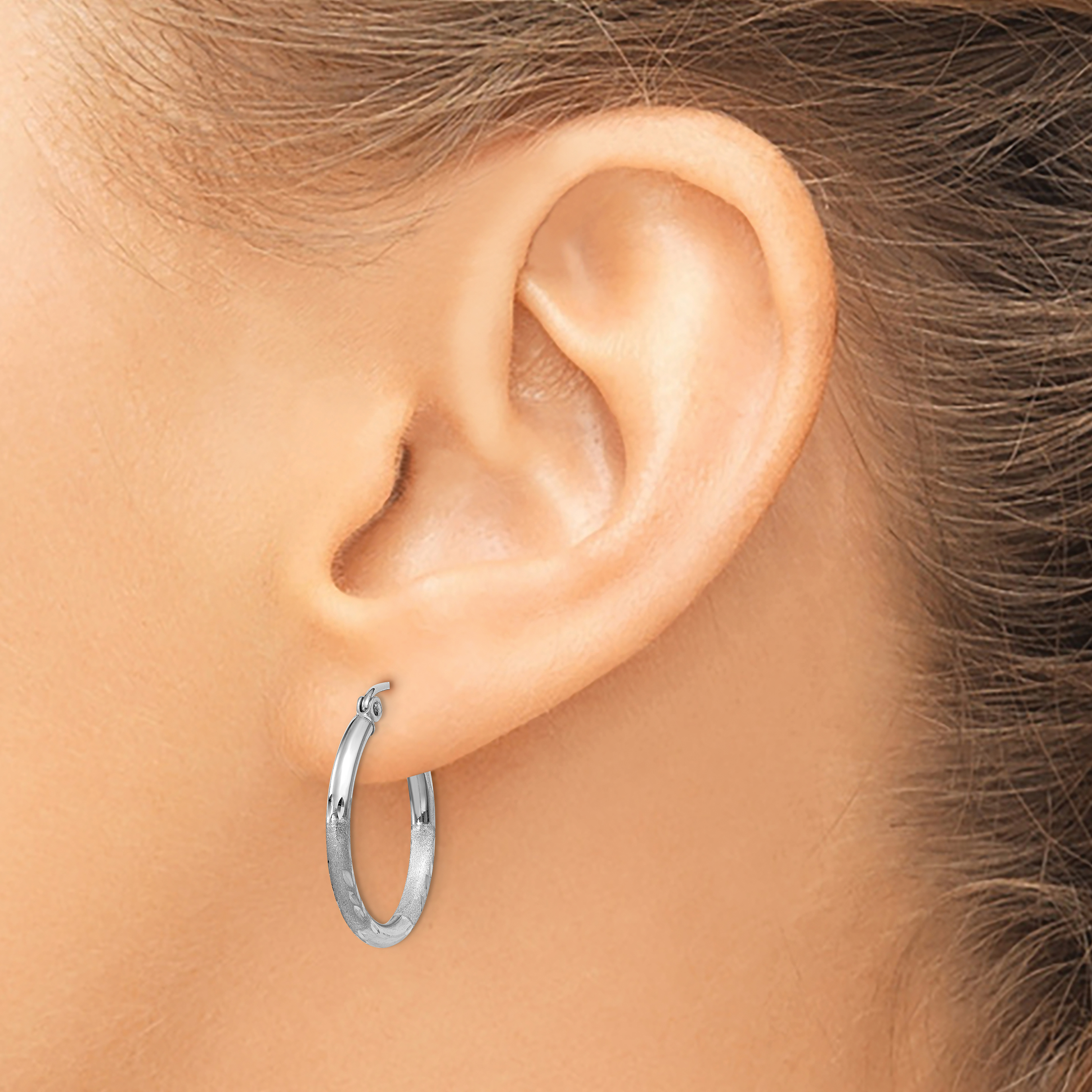  13 mm 10k White Gold Satin and Diamond-cut Hoop Earrings  Unknown Friendly Weight 10K white gold - view 14