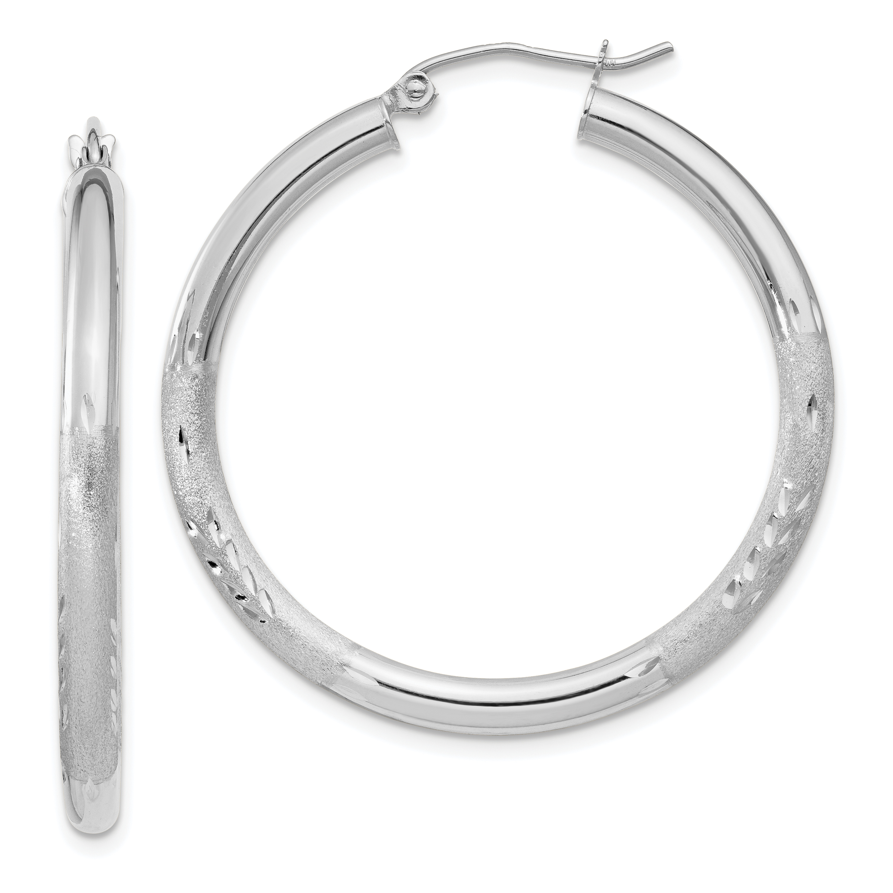  13 mm 10k White Gold Satin and Diamond-cut Hoop Earrings  Unknown Friendly Weight 10K white gold - view 34