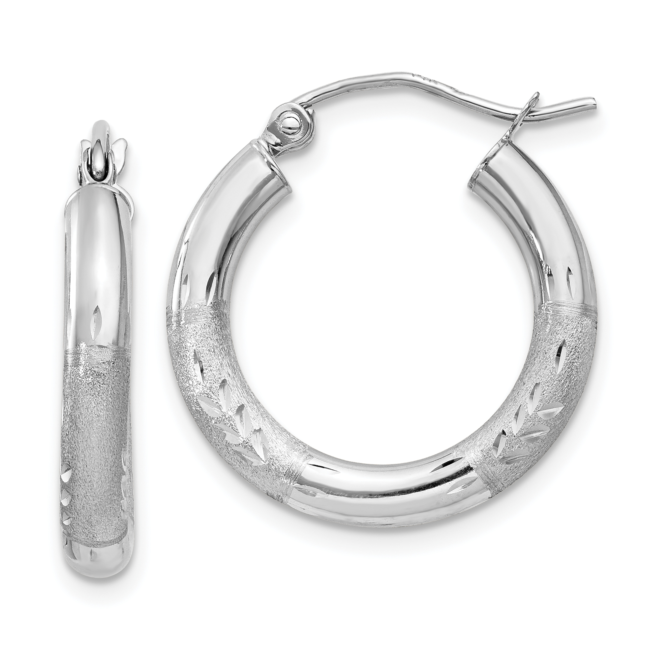  13 mm 10k White Gold Satin and Diamond-cut Hoop Earrings  Unknown Friendly Weight 10K white gold - view 12