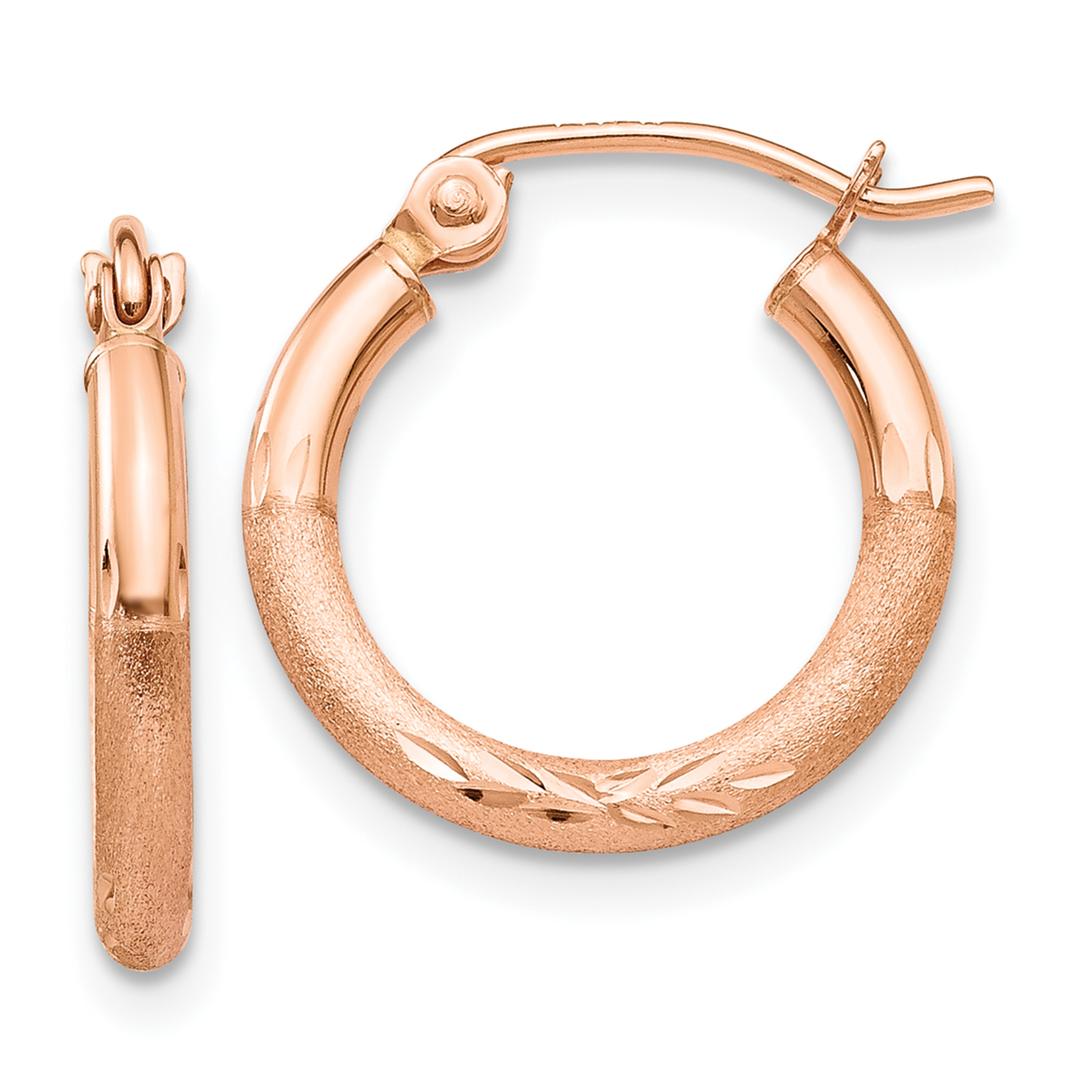 13 mm 14k Rose Gold Satin and Diamond-cut Hoop Earrings  Unknown Friendly Weight 14K rose gold - view 12