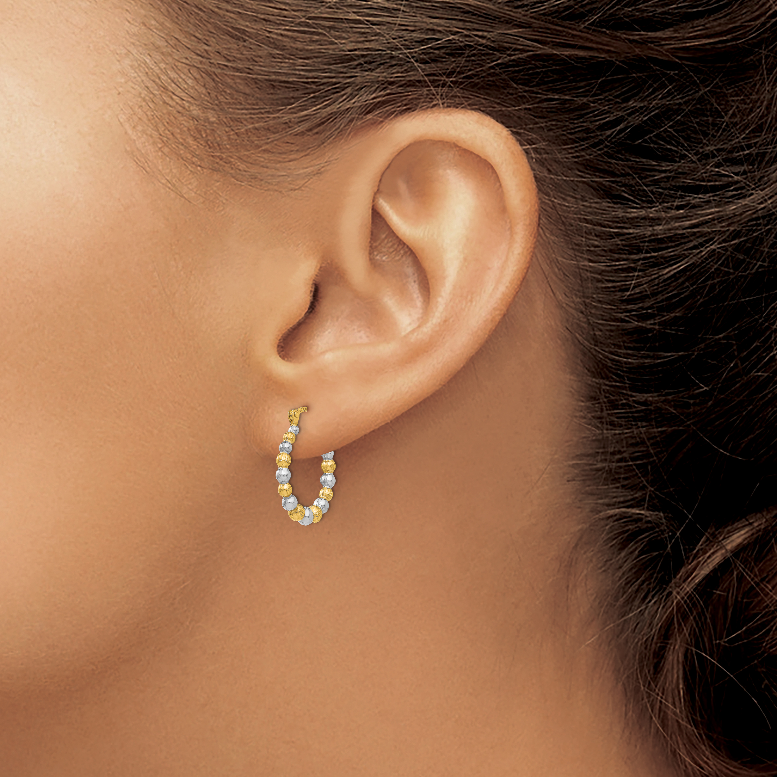  18 mm 14k Yellow & Rhodium Diamond-cut Beaded Hoop Earrings  Unknown Friendly Weight 14K two-tone gold - view 2