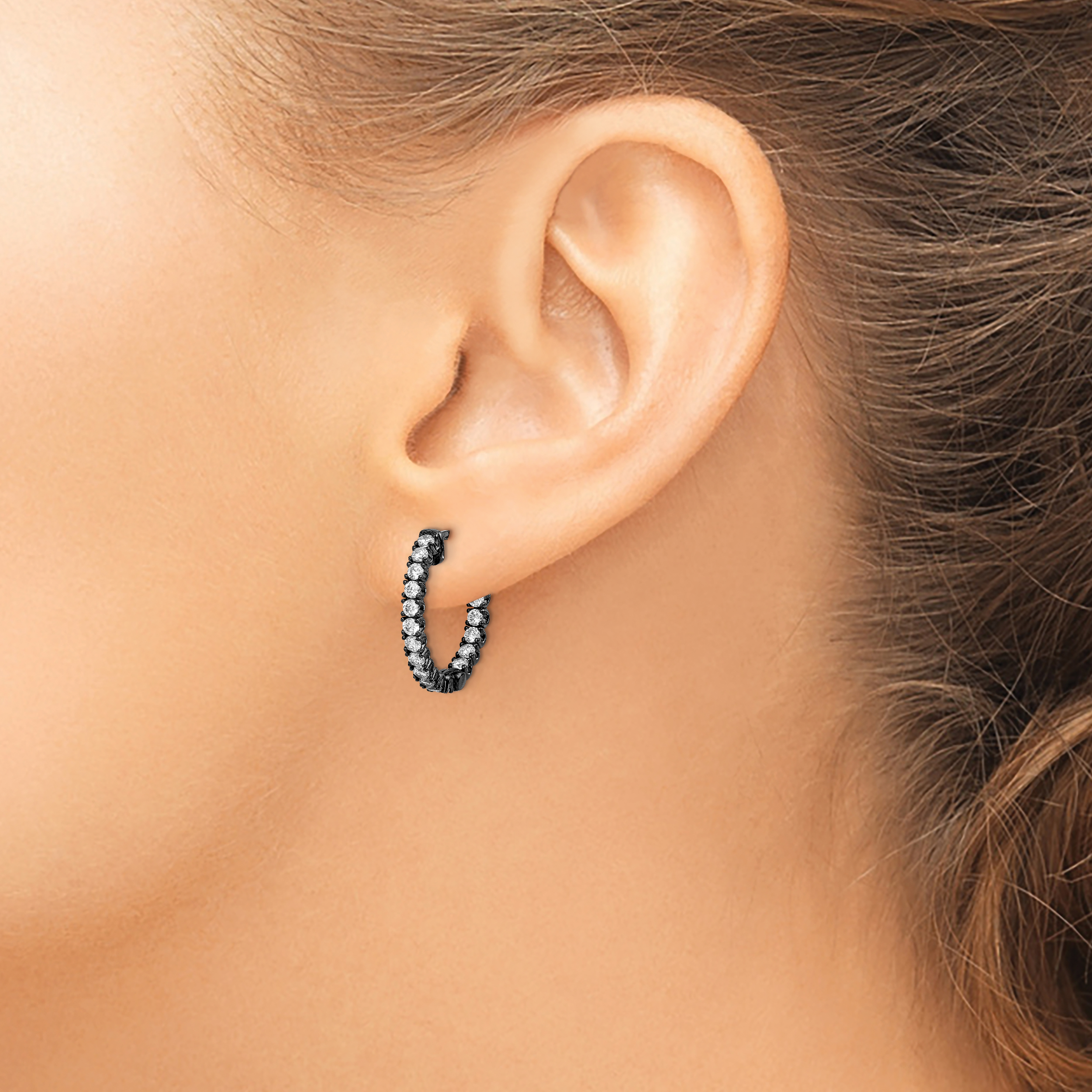  19 mm Sterling Silver / Rhodium Black Sterling Silver CZ 2mm Hinged Hoops 20 mm Unknown Friendly Weight Sterling Silver black - view 2