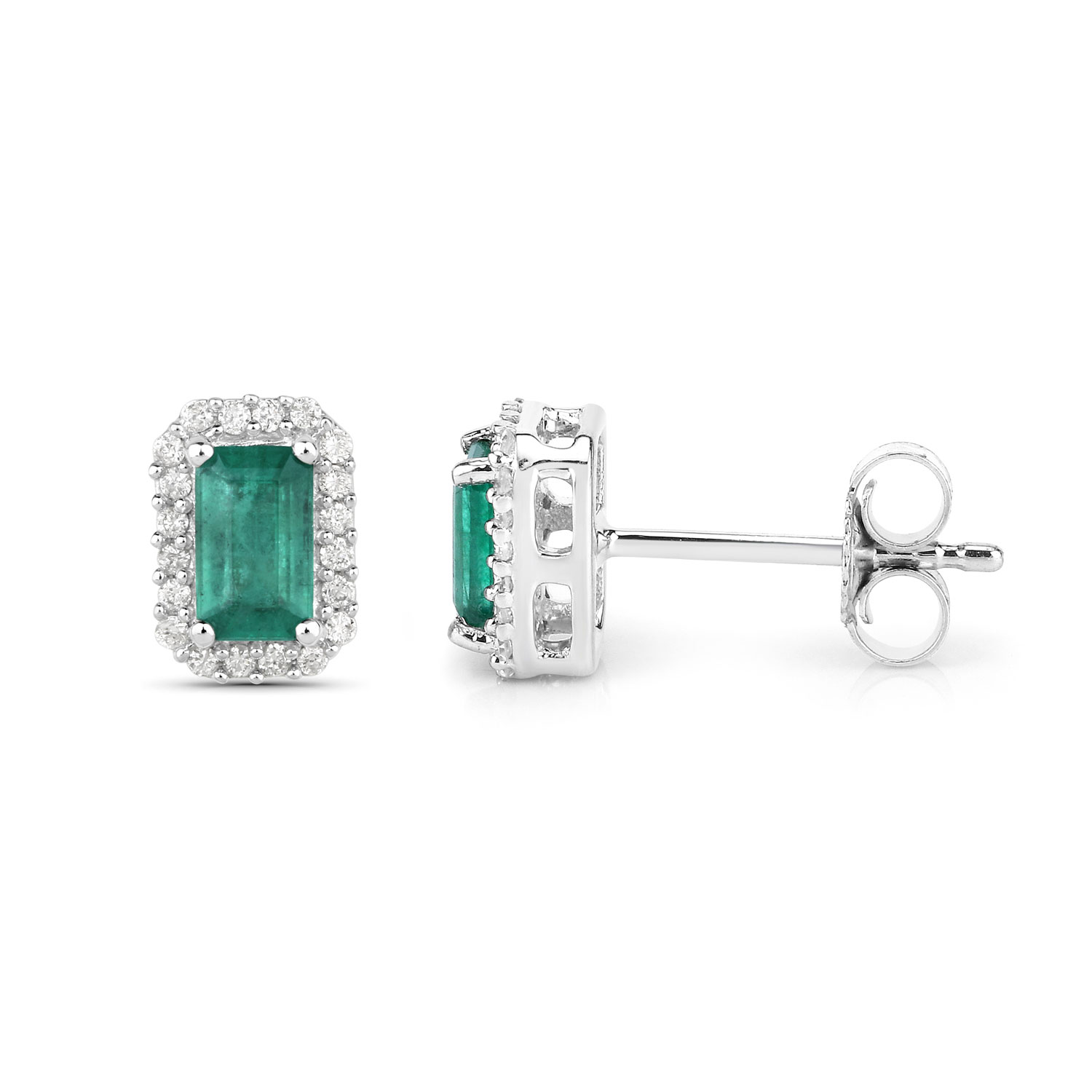 0.91 Carat Genuine Zambian Emerald and White Diamond 14K White Gold Earrings 0.91 C.T.W 14K white gold - view 4