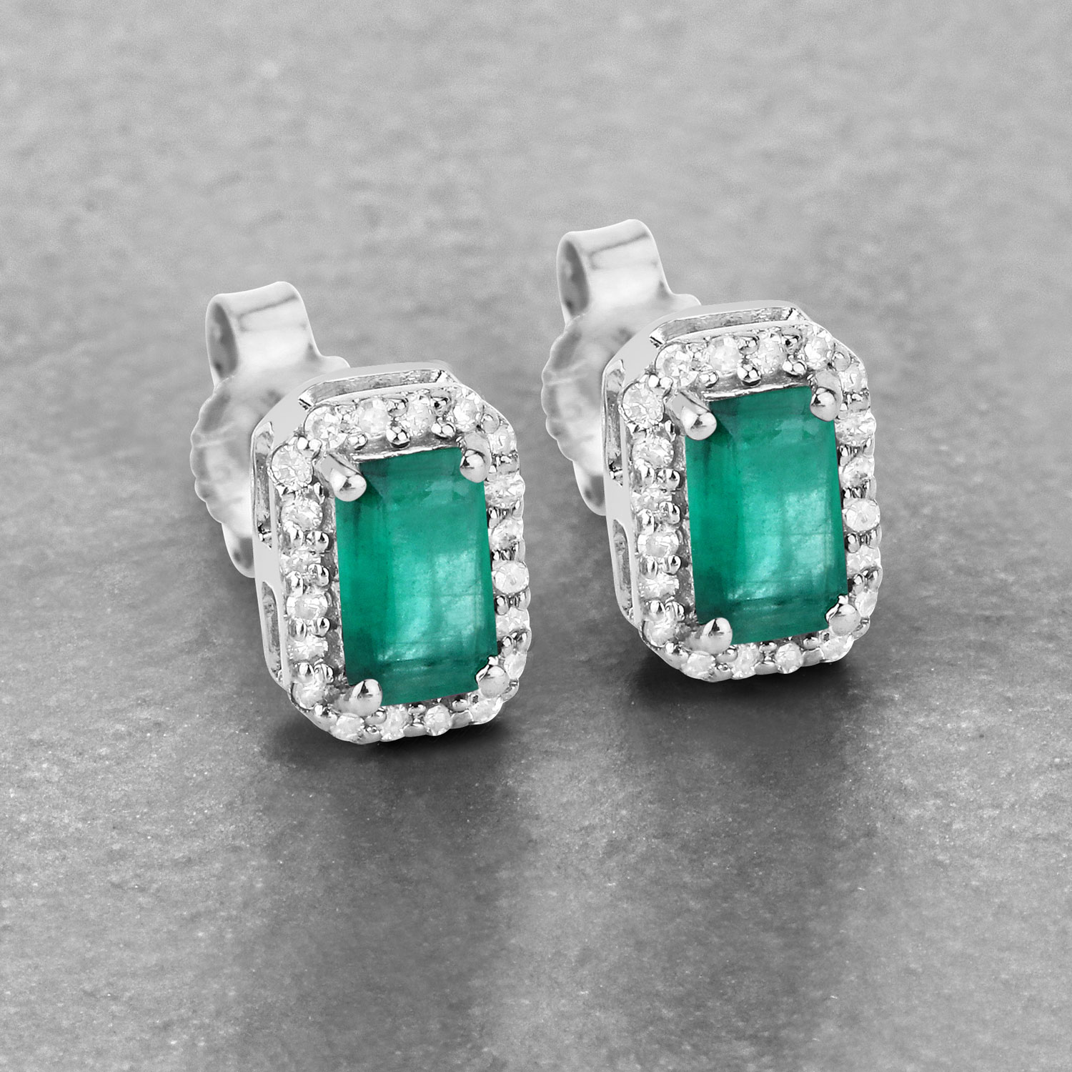 0.91 Carat Genuine Zambian Emerald and White Diamond 14K White Gold Earrings 0.91 C.T.W 14K white gold - view 8
