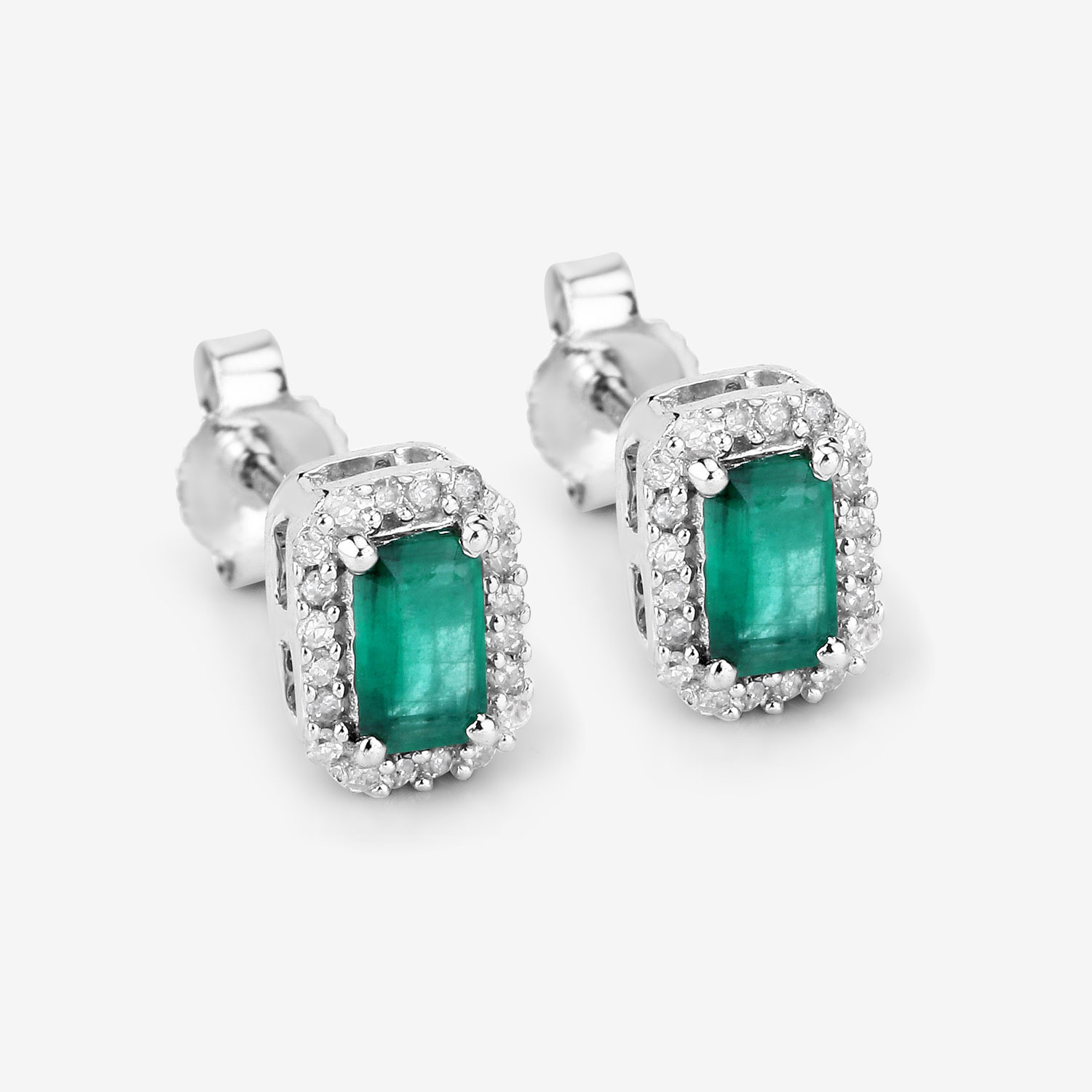 0.91 Carat Genuine Zambian Emerald and White Diamond 14K White Gold Earrings 0.91 C.T.W 14K white gold - view 5
