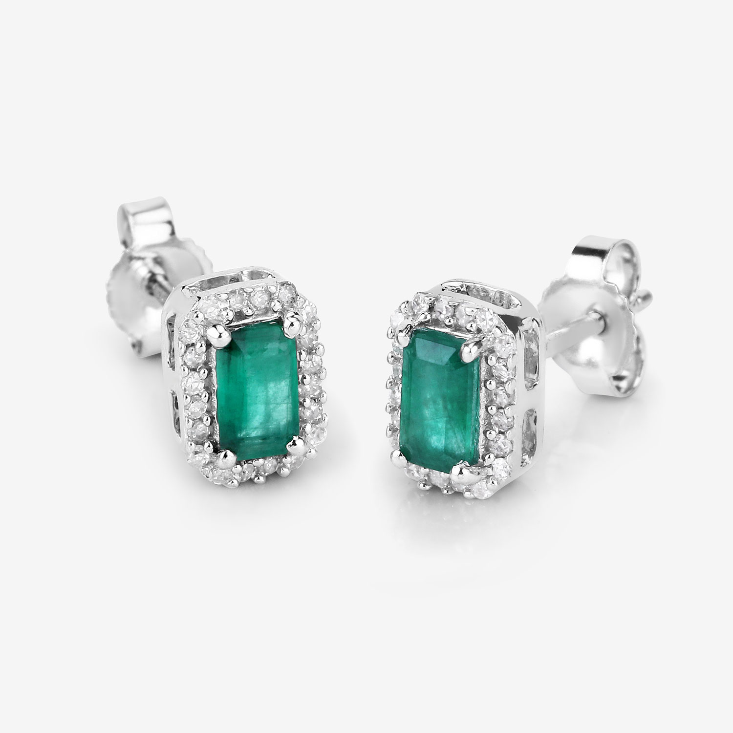 0.91 Carat Genuine Zambian Emerald and White Diamond 14K White Gold Earrings 0.91 C.T.W 14K white gold - view 3
