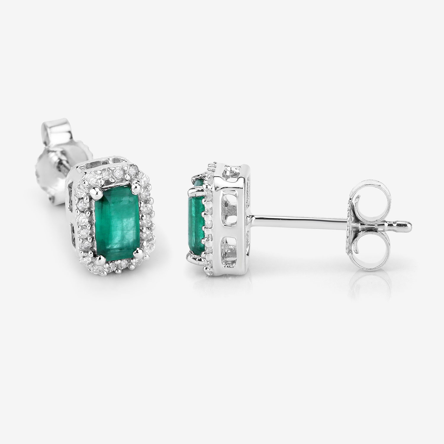 0.91 Carat Genuine Zambian Emerald and White Diamond 14K White Gold Earrings 0.91 C.T.W 14K white gold - view 2