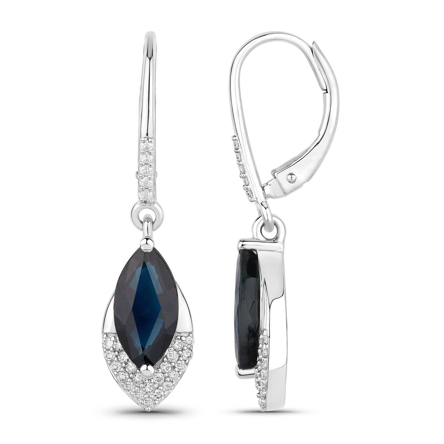2.79 Carat Genuine Blue Sapphire and White Diamond 14K White Gold Earrings 2.79 C.T.W 14K white gold - view 3