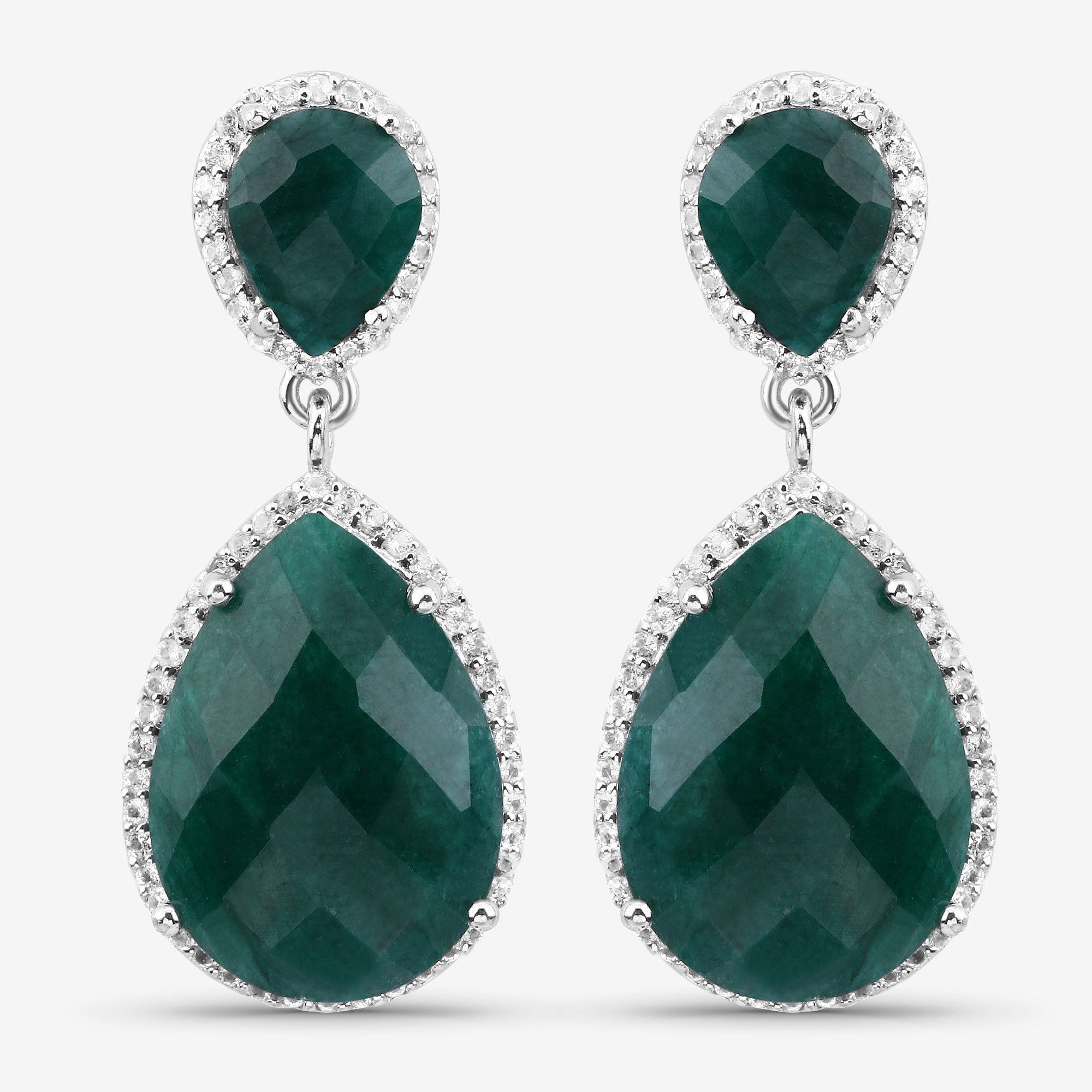 19.42 Carat Dyed Emerald and White Topaz .925 Sterling Silver Earrings 19.42 C.T.W Sterling Silver - view 3