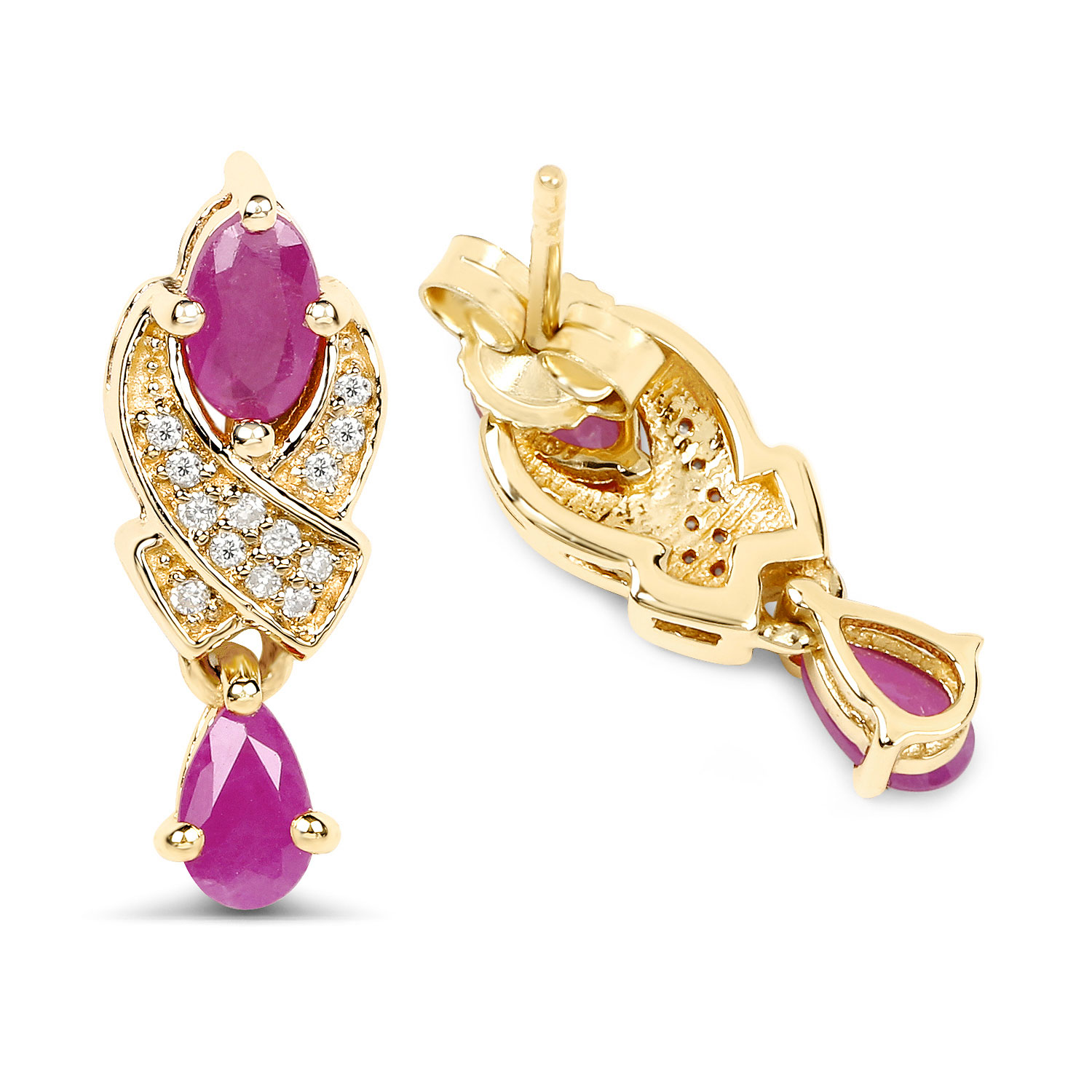 1.12 Carat Genuine Ruby and White Diamond 14K Yellow Gold Earrings 1.12 C.T.W 14K yellow gold - view 3