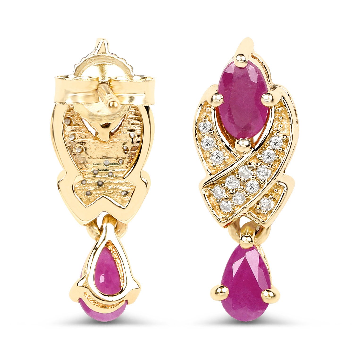 1.12 Carat Genuine Ruby and White Diamond 14K Yellow Gold Earrings 1.12 C.T.W 14K yellow gold - view 4