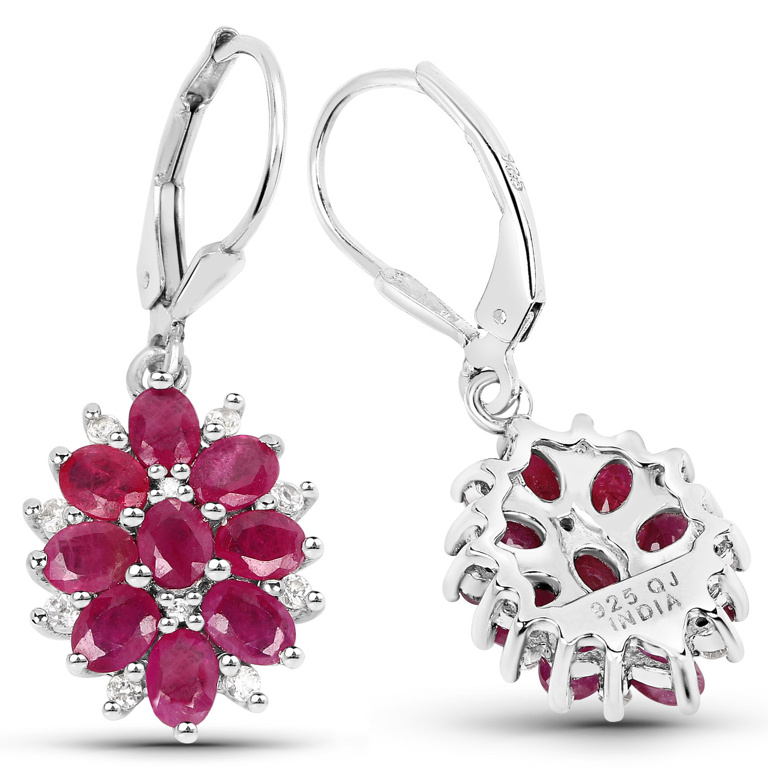 4.30 Carat Genuine Ruby and White Zircon .925 Sterling Silver Earrings 4.30 C.T.W Sterling Silver - view 2