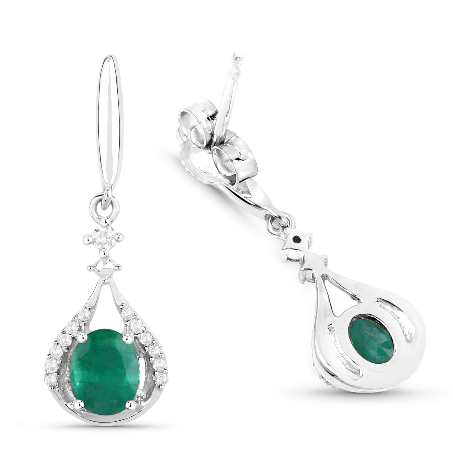 0.70 Carat Genuine Zambian Emerald and White Diamond 14K White Gold Earrings 0.70 C.T.W 14K white gold - view 3