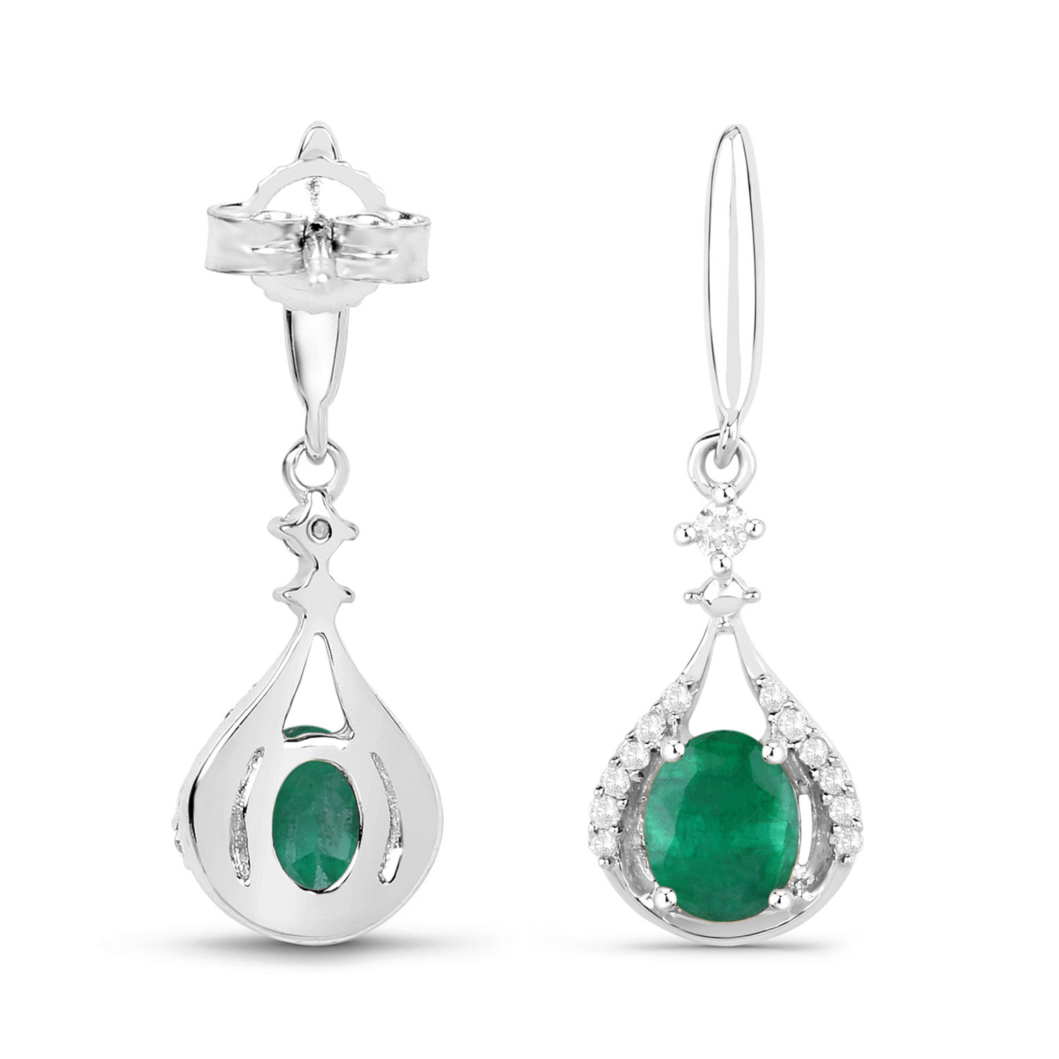 0.70 Carat Genuine Zambian Emerald and White Diamond 14K White Gold Earrings 0.70 C.T.W 14K white gold - view 2