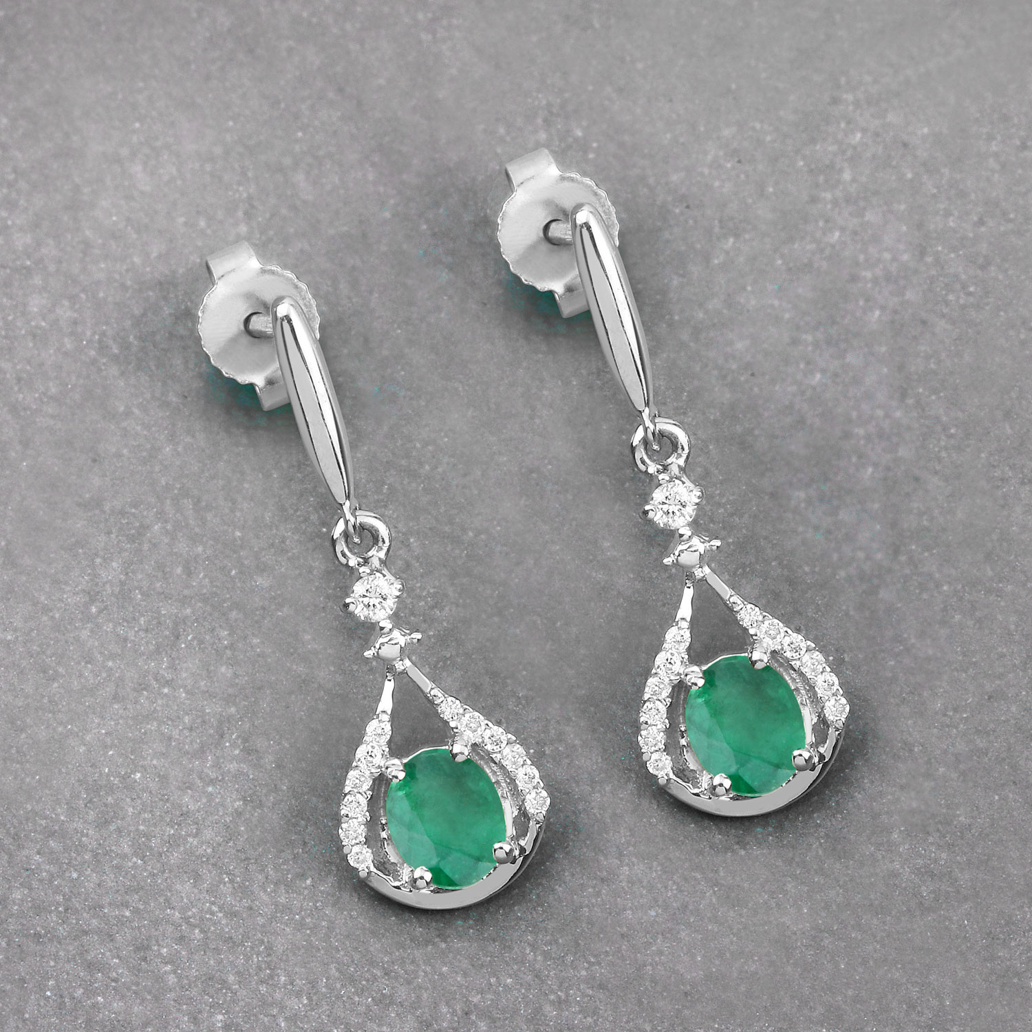 0.70 Carat Genuine Zambian Emerald and White Diamond 14K White Gold Earrings 0.70 C.T.W 14K white gold - view 8