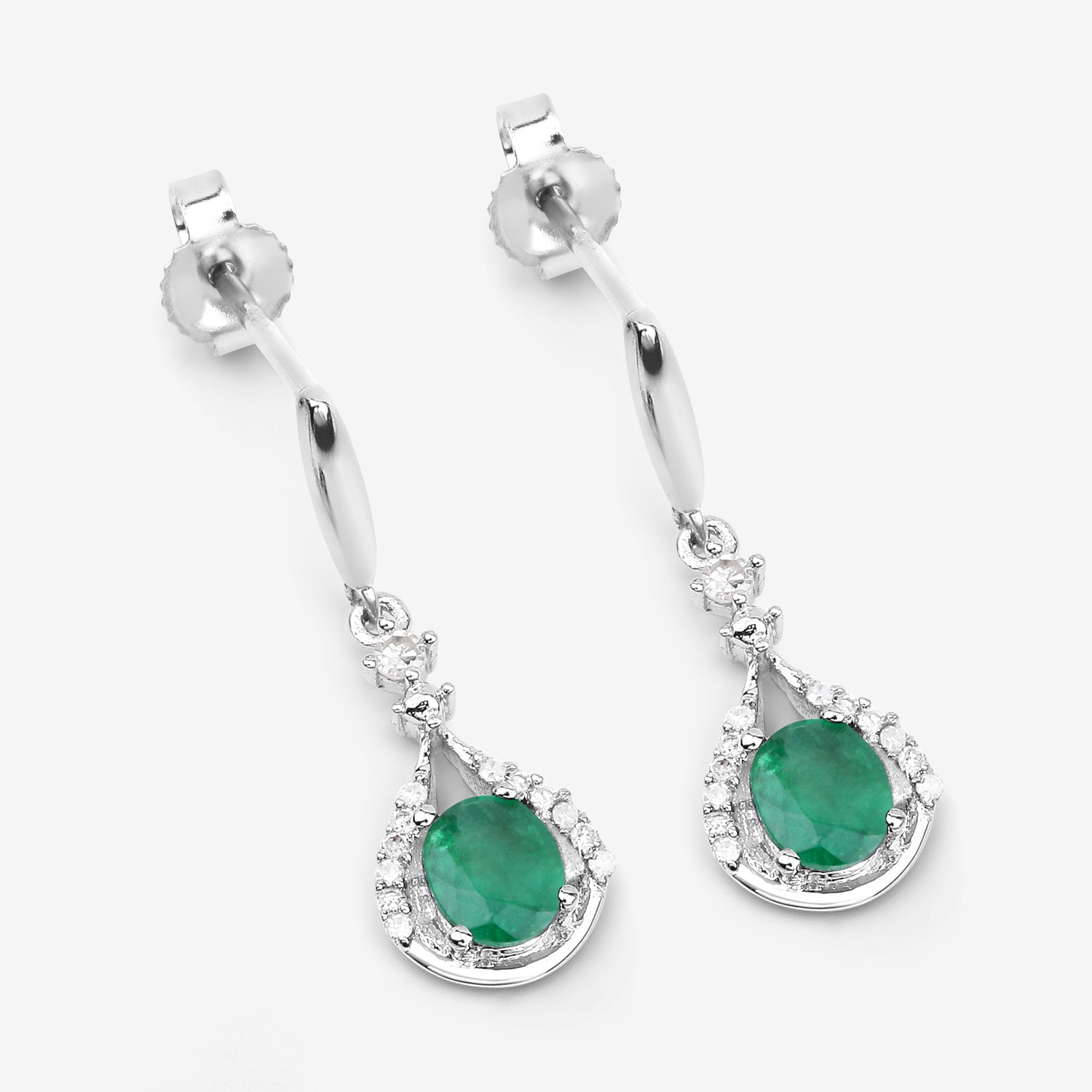 0.70 Carat Genuine Zambian Emerald and White Diamond 14K White Gold Earrings 0.70 C.T.W 14K white gold - view 5
