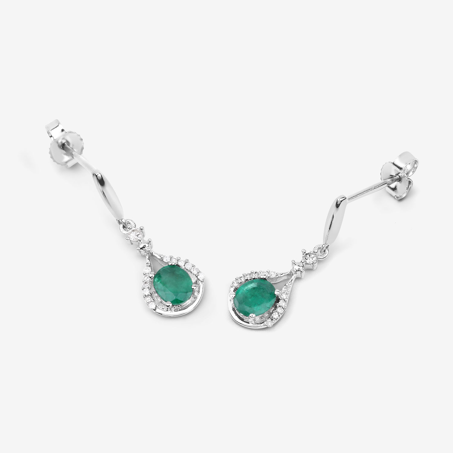 0.70 Carat Genuine Zambian Emerald and White Diamond 14K White Gold Earrings 0.70 C.T.W 14K white gold - view 4