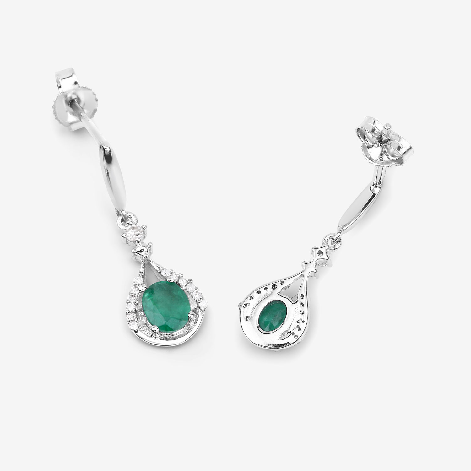 0.70 Carat Genuine Zambian Emerald and White Diamond 14K White Gold Earrings 0.70 C.T.W 14K white gold - view 7