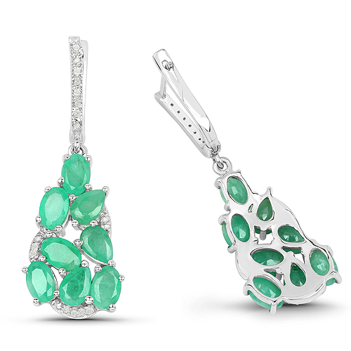 6.69 Carat Genuine Emerald and White Diamond .925 Sterling Silver Earrings 6.69 C.T.W Sterling Silver - view 2