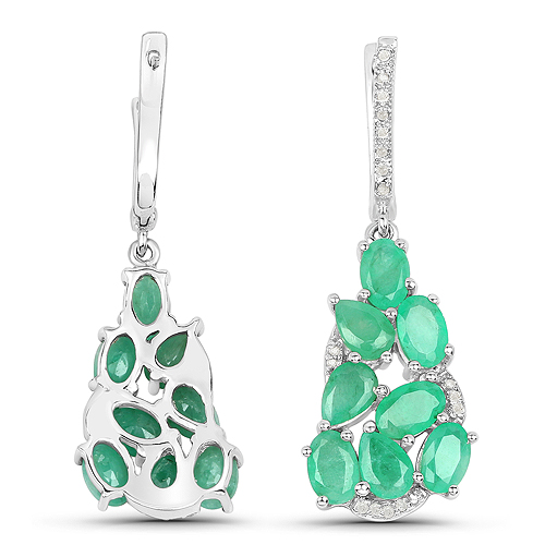 6.69 Carat Genuine Emerald and White Diamond .925 Sterling Silver Earrings 6.69 C.T.W Sterling Silver - view 3