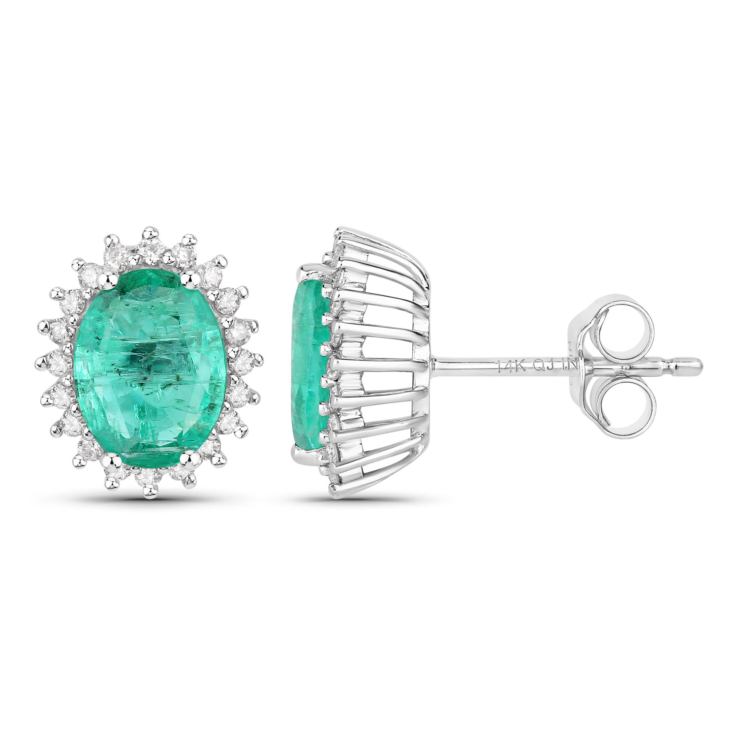 2.66 Carat Genuine Zambian Emerald and White Diamond 14K White Gold Earrings 2.66 C.T.W 14K white gold - view 3