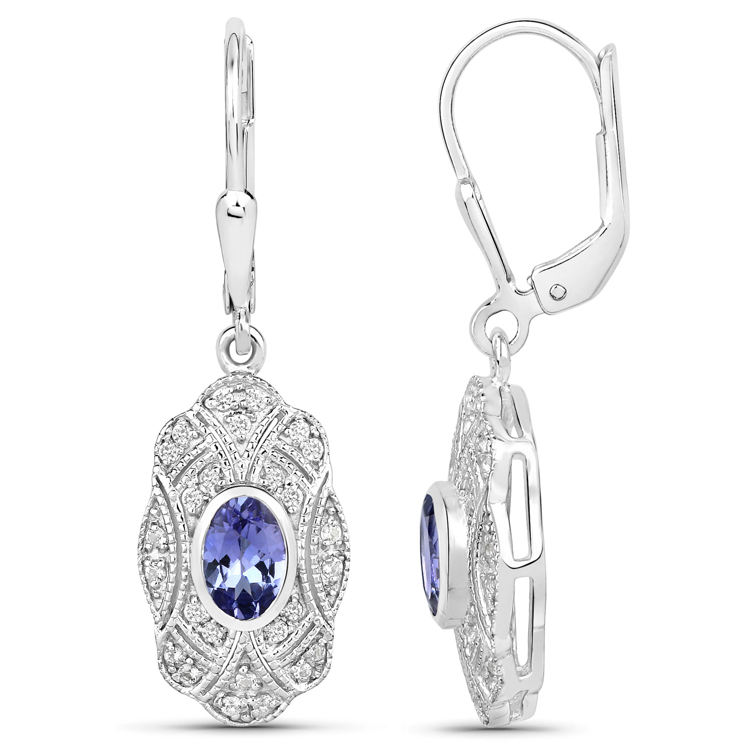1.12 Carat Genuine Tanzanite and White Topaz .925 Sterling Silver Earrings 1.12 C.T.W Sterling Silver - view 6