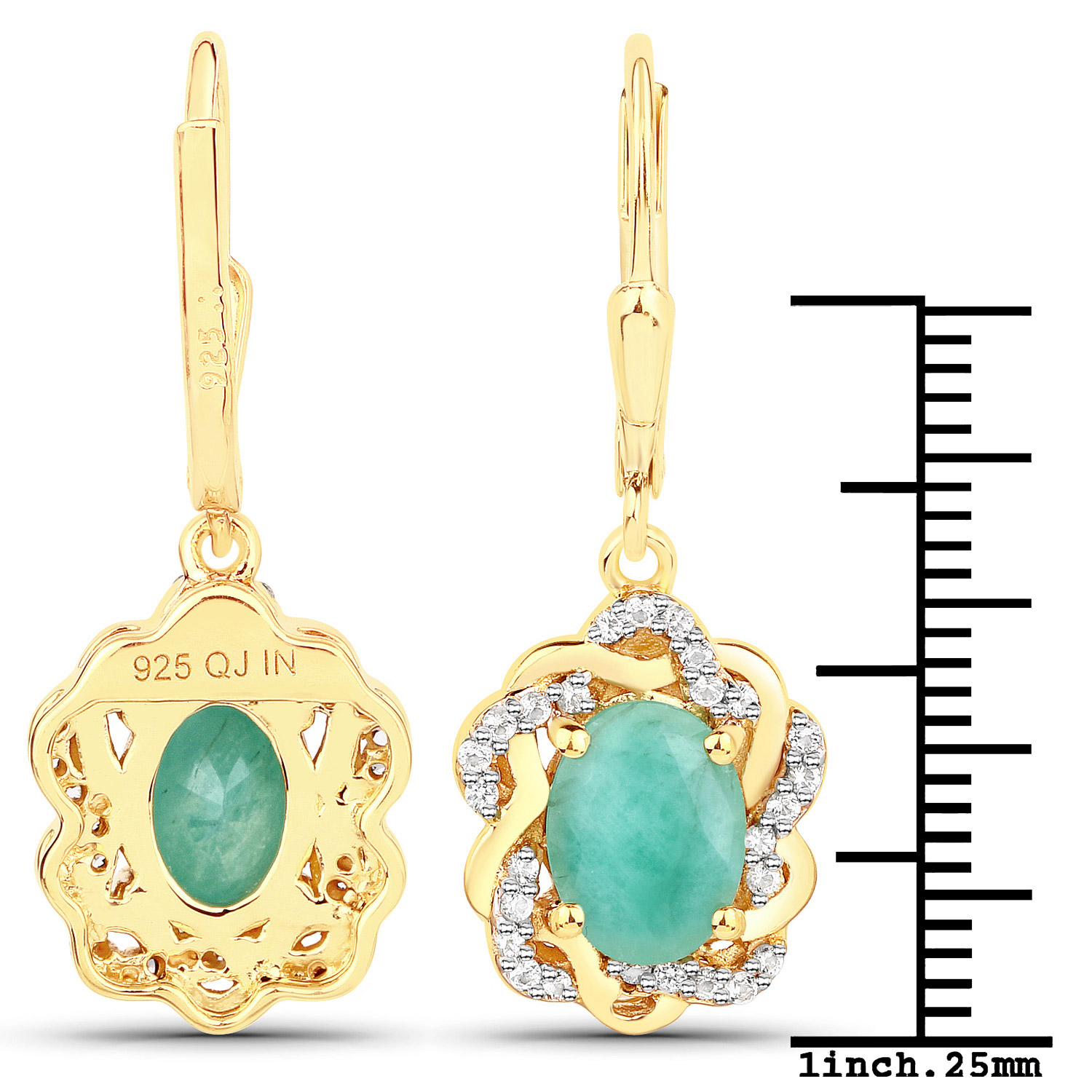 2.36 Carat Genuine Emerald and White Topaz .925 Sterling Silver Earrings 2.36 C.T.W Sterling Silver - view 2