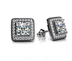 Milgrain Princess Cut Diamond Stud Earrings